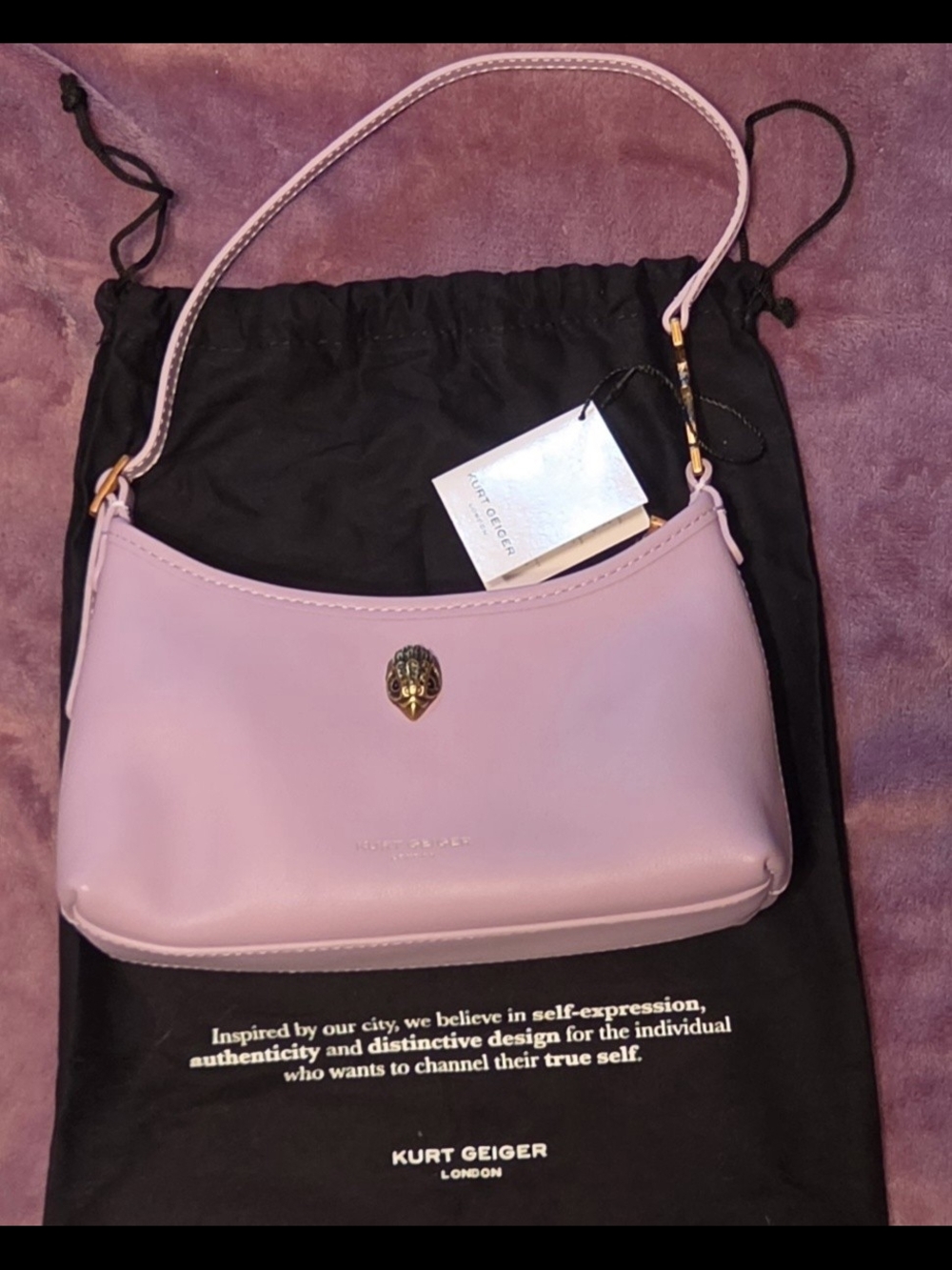 Kurt Geiger Lilac Leather "Sling" Shoulder Bag w. Gold Emblem